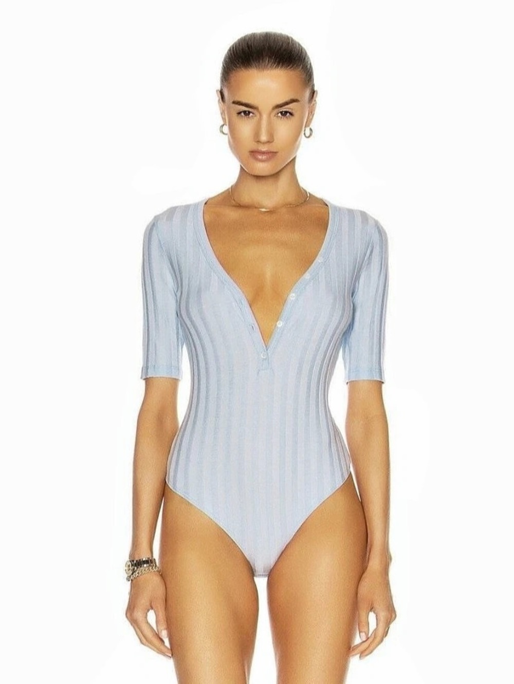 Never worn Jonathan Simkhai Ribbed Striped Henley Bodysuit in SKY 🩵